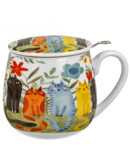 Taza Felines DUO de porcelana con filtro de acero inoxidable y tapa de 400 ml