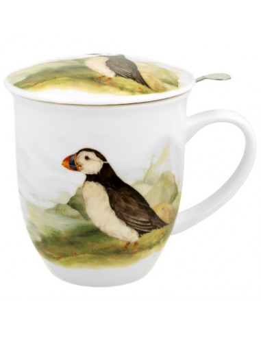 Taza Puffin de porcelana 400 ml con filtro de acero inoxidable y tapa