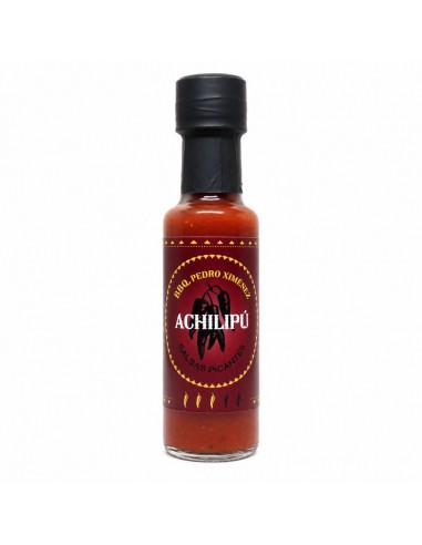 Botella de Salsa Picante BBQ Pedro Ximénez 125 ml Achilipú elaborada artesanalmente en Andalucía.