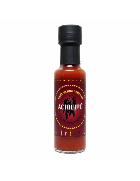 Botella de Salsa Picante BBQ Pedro Ximénez 125 ml Achilipú elaborada artesanalmente en Andalucía.