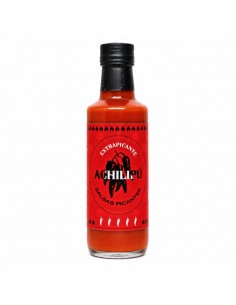 Botella de Salsa Extrapicante 100 ml Achilipú elaborada con chile 7 Pot Douglah y Habanero Chocolate.