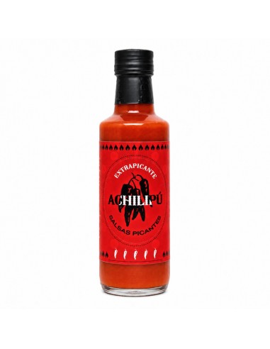 Botella de Salsa Extrapicante 100 ml Achilipú elaborada con chile 7 Pot Douglah y Habanero Chocolate.