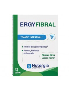 Envase de Ergyfibral de Nutergia en formato de 12 cubos masticables. Complemento alimenticio elaborado con fibras de avena, cir
