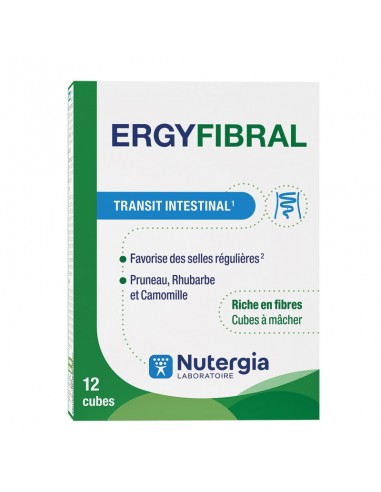 Envase de Ergyfibral de Nutergia en formato de 12 cubos masticables. Complemento alimenticio elaborado con fibras de avena, cir