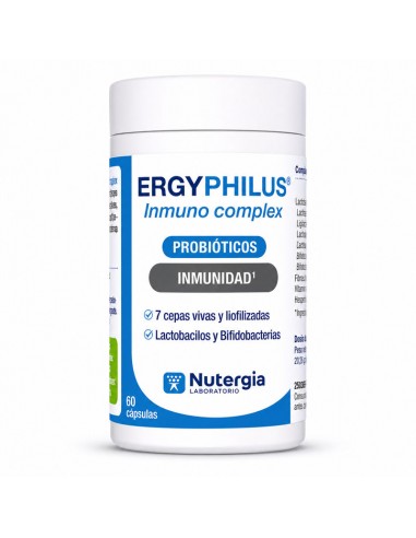 Bote de Ergyphilus Inmuno Complex de Nutergia con 60 cápsulas vegetales. Complemento alimenticio con 7 cepas de lactobacilos y 