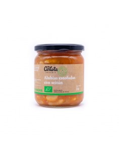 Tarro de Alubias Estofadas con Seitán Bio de Carlota Organic. Plato preparado ecológico elaborado con alubias, verduras frescas