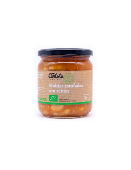 Tarro de Alubias Estofadas con Seitán Bio de Carlota Organic. Plato preparado ecológico elaborado con alubias, verduras frescas
