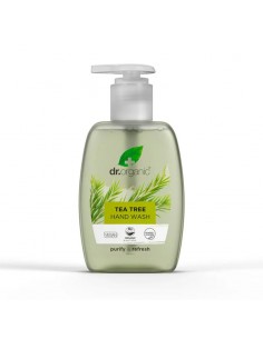 Envase de Jabón de Manos Árbol de Té Dr. Organic de 250 ml. Fórmula con aceite de árbol de té, aloe vera y extractos vegetales 