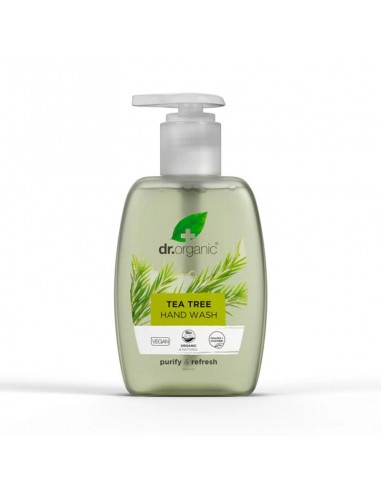 Envase de Jabón de Manos Árbol de Té Dr. Organic de 250 ml. Fórmula con aceite de árbol de té, aloe vera y extractos vegetales 