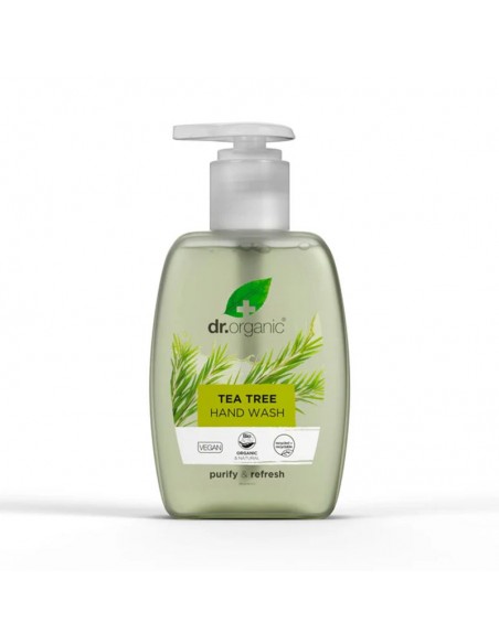 Envase de Jabón de Manos Árbol de Té Dr. Organic de 250 ml. Fórmula con aceite de árbol de té, aloe vera y extractos vegetales 