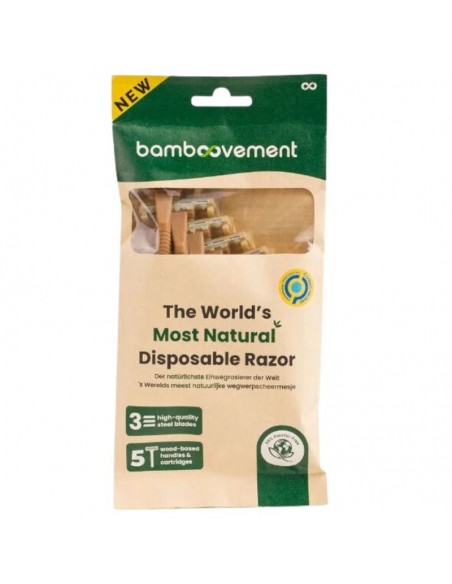 Pack de 5 maquinillas de afeitar Bamboovement con tres cuchillas de acero de alta calidad y mango elaborado a partir de residuo