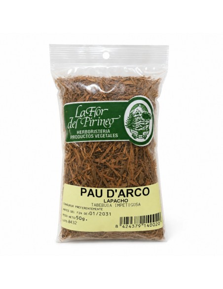 Bolsa de Pau D'Arco o Lapacho de 50 g de La Flor del Pirineo, elaborada con corteza de Tabebuia impetiginosa para preparación d
