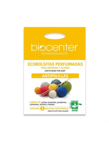Antipolillas natural Biocenter para armarios y cajones con bolsitas perfumadas ecológicas y accesorios de papel reciclado.