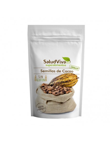 Semillas de cacao ecológicas de Salud Viva obtenidas de Theobroma cacao cultivado en Perú y presentadas en envase de 250 gramos