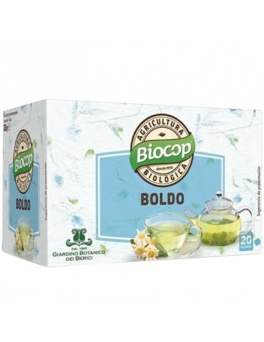 Envase de infusión ecológica de boldo Biocop con 20 filtros individuales elaborados con hojas de Peumus boldus.