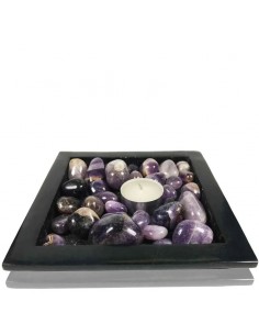 Plato portavelas grande de piedra jaspe negra con cristal roca blanco Radhe Shyam