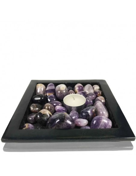 Plato portavelas grande de piedra jaspe negra con cristal roca blanco Radhe Shyam