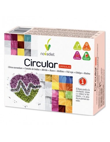 Circular Cápsulas Novadiet complemento alimenticio con castaño de indias, rusco, mirtilo, meliloto, vid roja, ginkgo y rutina p