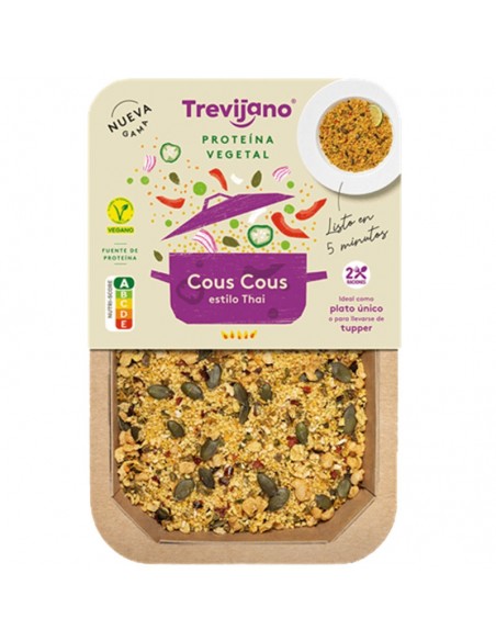 Cous cous estilo Thai con proteína vegetal 250g Trevijano elaborado con proteína de guisante, verduras y especias.