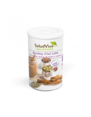 Bombay Chai Latte Bio 250g Salud Viva preparado para bebida con té negro, cacao y especias aromáticas.