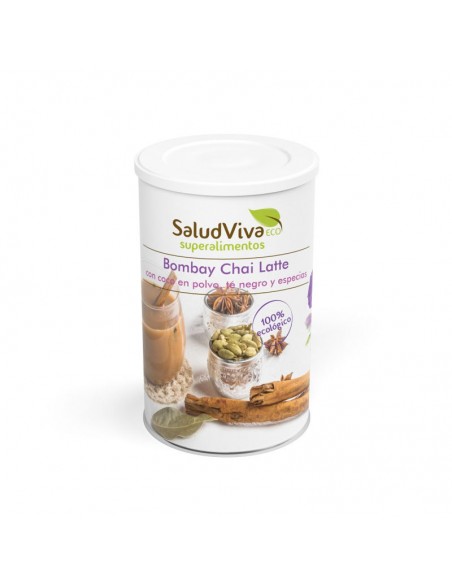 Bombay Chai Latte Bio 250g Salud Viva preparado para bebida con té negro, cacao y especias aromáticas.