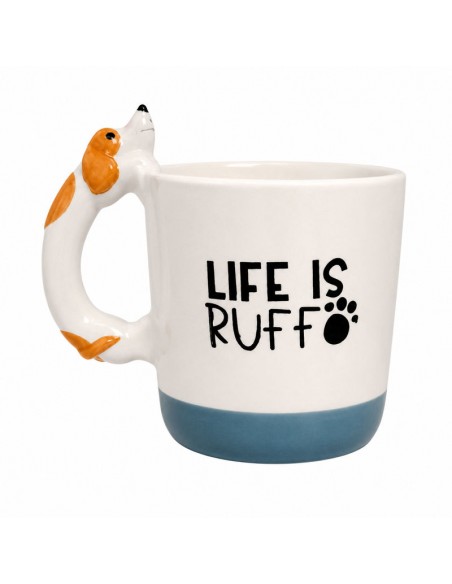 Taza Benji de cerámica 350 ml Cha Cult con asa decorativa en forma de perro y mensaje Life is Ruff.