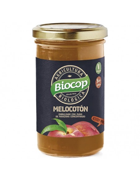 Compota de melocotón Bio 265g Biocop elaborada con melocotones ecológicos y zumo de manzana concentrado