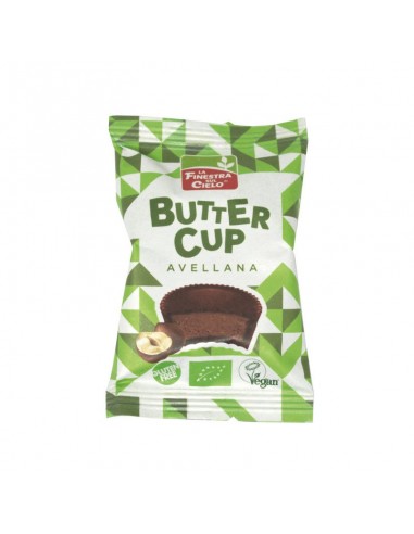 Butter cups de crema de avellana Bio 25g La Finestra sul Cielo sobre fondo blanco.