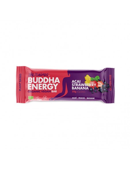 Barrita energética açaí fresa plátano Bio 35g Iswari en envase original.