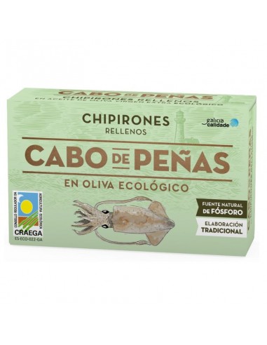 Chipirones rellenos con sus tentáculos y acompañados de aceite de oliva virgen extra ecológico. Lata de 111 g.