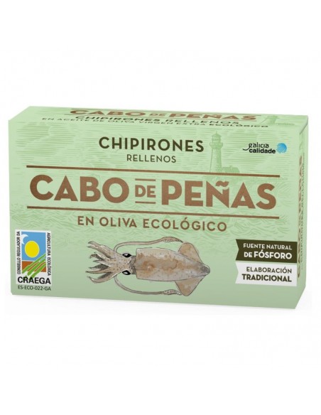 Chipirones rellenos con sus tentáculos y acompañados de aceite de oliva virgen extra ecológico. Lata de 111 g.