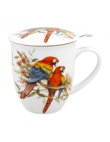 Taza Macaw DUO de porcelana con filtro de acero inoxidable y tapa, 400 ml